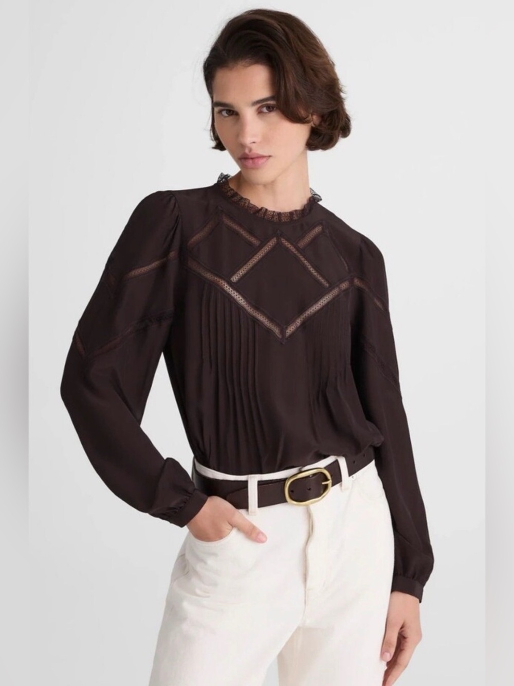 Madewell Molasses Brown Lace Insert Mock Neck Blouse Size Small